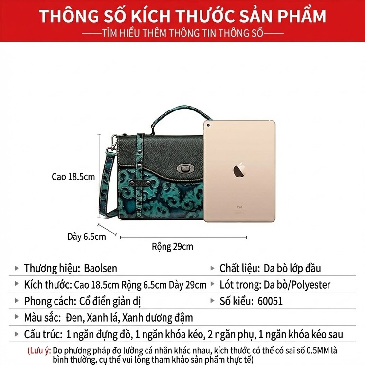Túi Xách Nữ Da Bò Mini Dáng Hộp Chữ Nhật Đeo Vai, Đeo Chéo Màu Đen, Xanh chi tiết 7