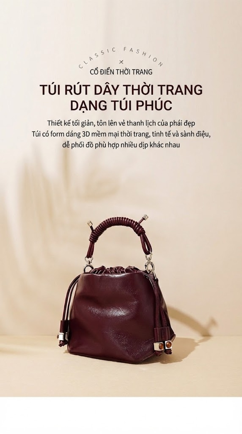 Túi Xách Nữ Da Bò Mini Dây Rút Túi Phúc Bầu Đeo Vai Đeo Chéo Màu Đỏ Rượu Vang, Nâu, Trắng chi tiết 1