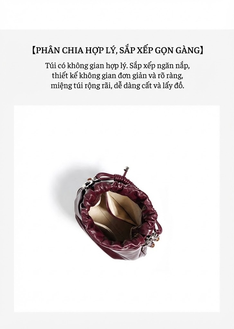 Túi Xách Nữ Da Bò Mini Dây Rút Túi Phúc Bầu Đeo Vai Đeo Chéo Màu Đỏ Rượu Vang, Nâu, Trắng chi tiết 8
