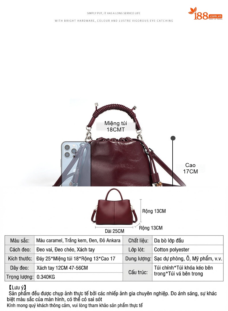 Túi Xách Nữ Da Bò Mini Dây Rút Túi Phúc Bầu Đeo Vai Đeo Chéo Màu Đỏ Rượu Vang, Nâu, Trắng chi tiết 7