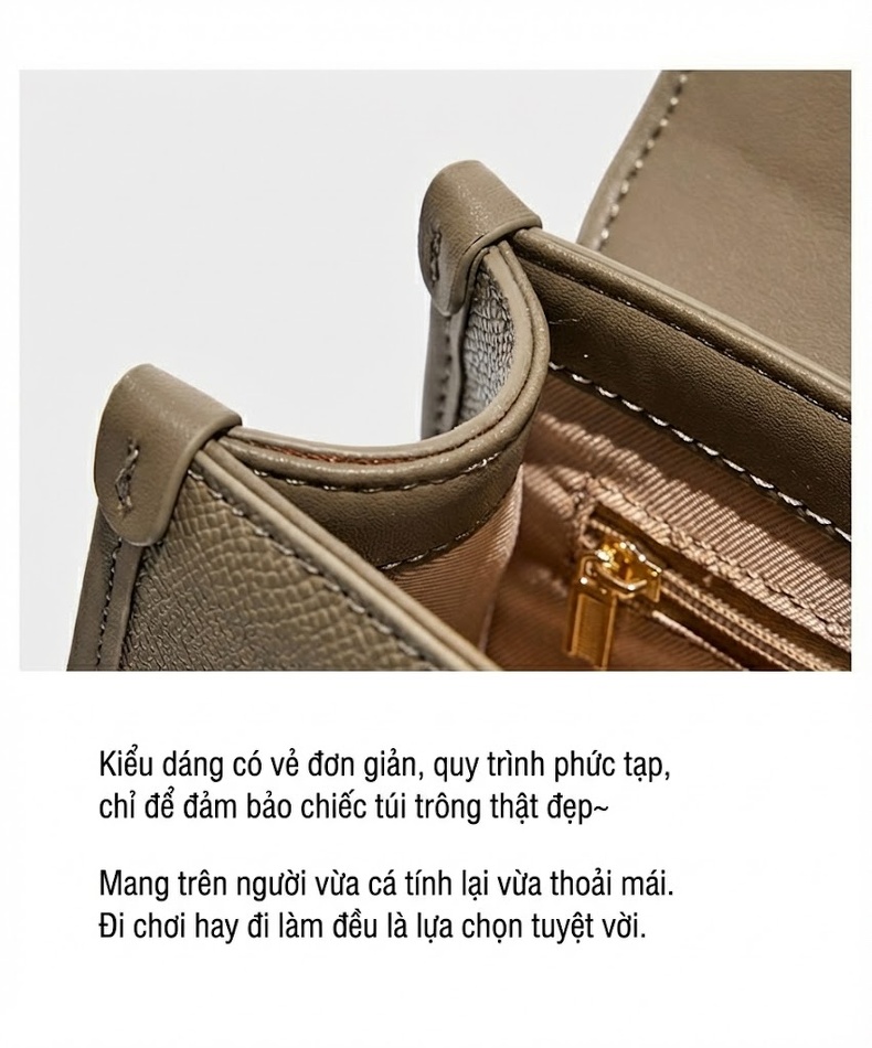 Túi Xách Nữ Da Bò Mini Kelly Cao Cấp Đeo Chéo, Xách Tay Màu Xám chi tiết 22