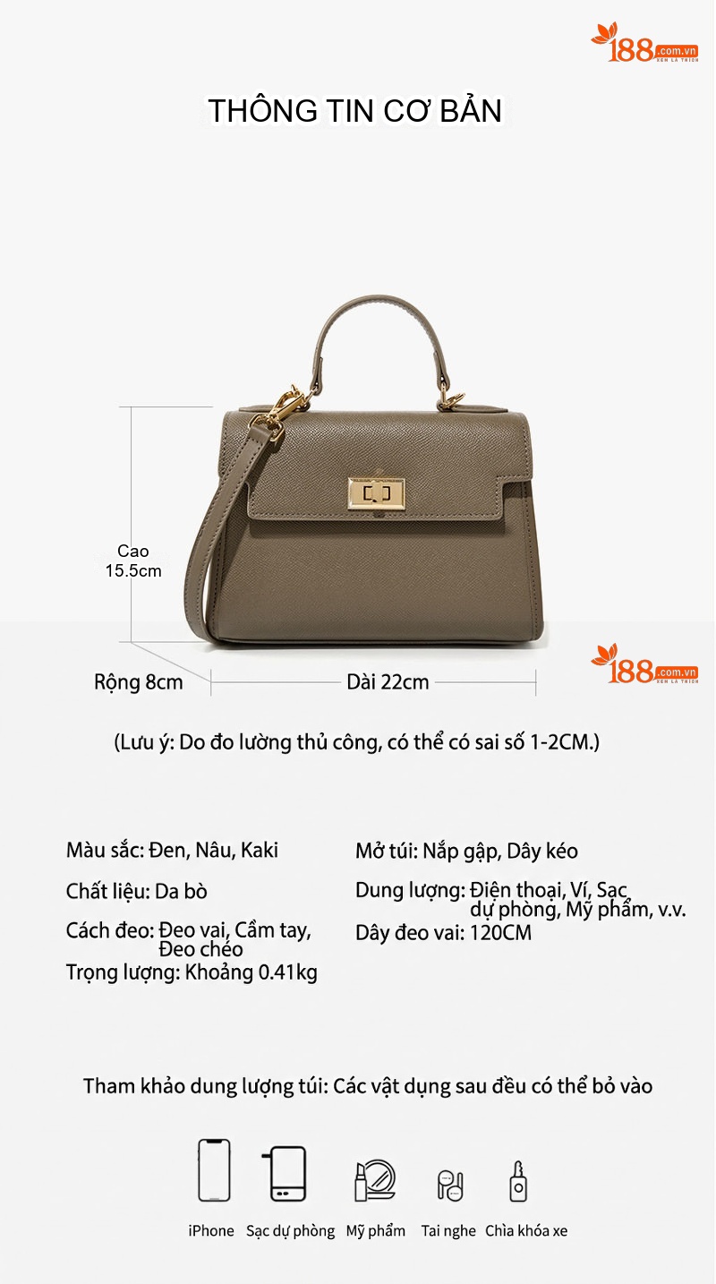 Túi Xách Nữ Da Bò Mini Kelly Cao Cấp Đeo Chéo, Xách Tay Màu Xám chi tiết 4
