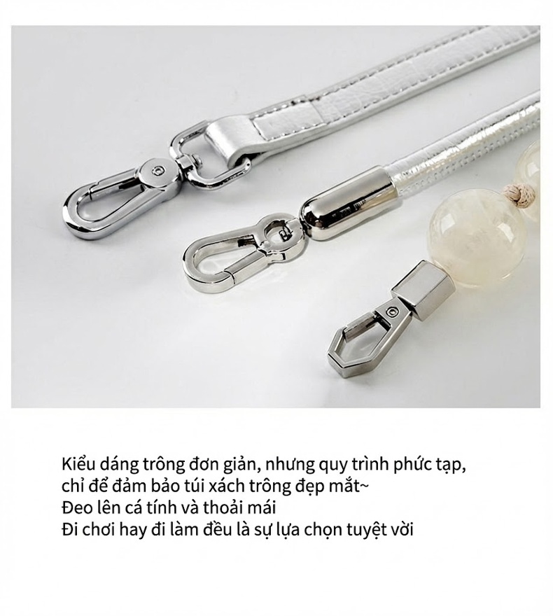 Túi Xách Nữ Da Bò Quai Xách Hạt Châu Kiểu Trung Hoa, Túi Phúc Túi Rút Đeo Vai, Đeo Chéo Màu Đen, Trắng chi tiết 26