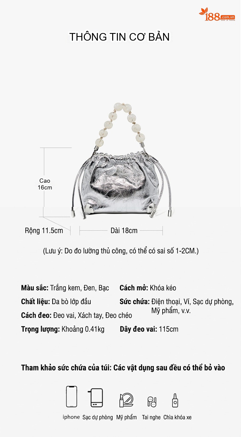 Túi Xách Nữ Da Bò Quai Xách Hạt Châu Kiểu Trung Hoa, Túi Phúc Túi Rút Đeo Vai, Đeo Chéo Màu Đen, Trắng chi tiết 18