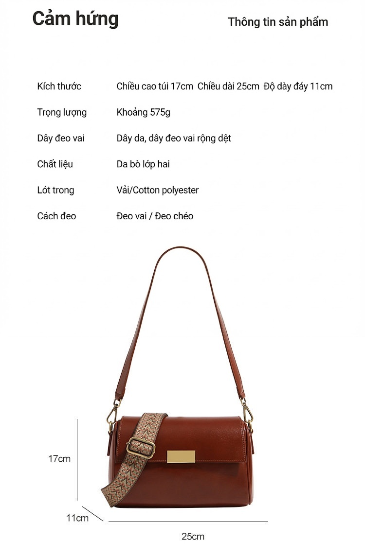 Túi Xách Nữ Da Bò Retro Đeo Vai, Đeo Chéo Phong Cách Vintage Màu Nâu, Đen chi tiết 7