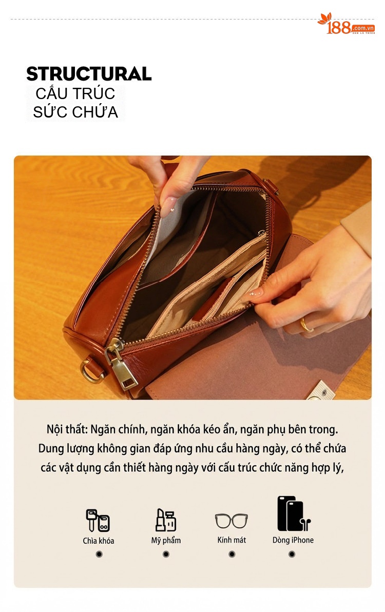 Túi Xách Nữ Da Bò Retro Đeo Vai, Đeo Chéo Phong Cách Vintage Màu Nâu, Đen chi tiết 9