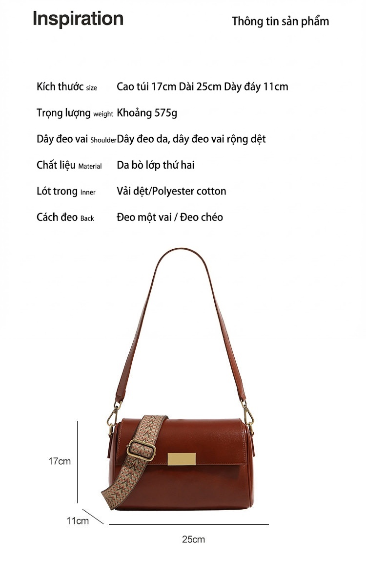 Túi Xách Nữ Da Bò Retro Đeo Vai, Đeo Chéo Phong Cách Vintage Màu Nâu, Đen chi tiết 23
