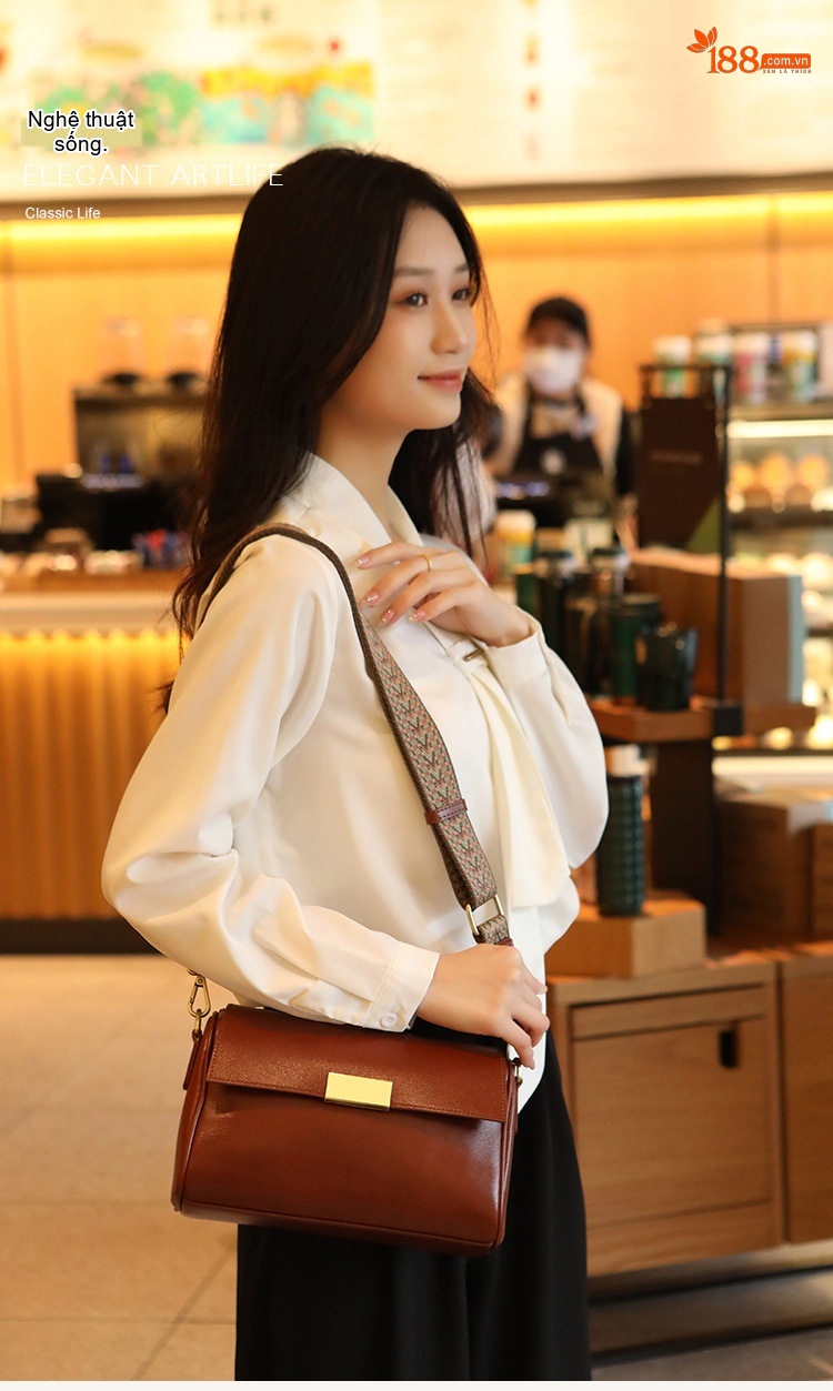Túi Xách Nữ Da Bò Retro Đeo Vai, Đeo Chéo Phong Cách Vintage Màu Nâu, Đen chi tiết 1