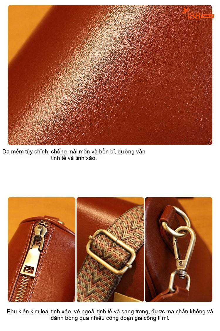 Túi Xách Nữ Da Bò Retro Đeo Vai, Đeo Chéo Phong Cách Vintage Màu Nâu, Đen chi tiết 8