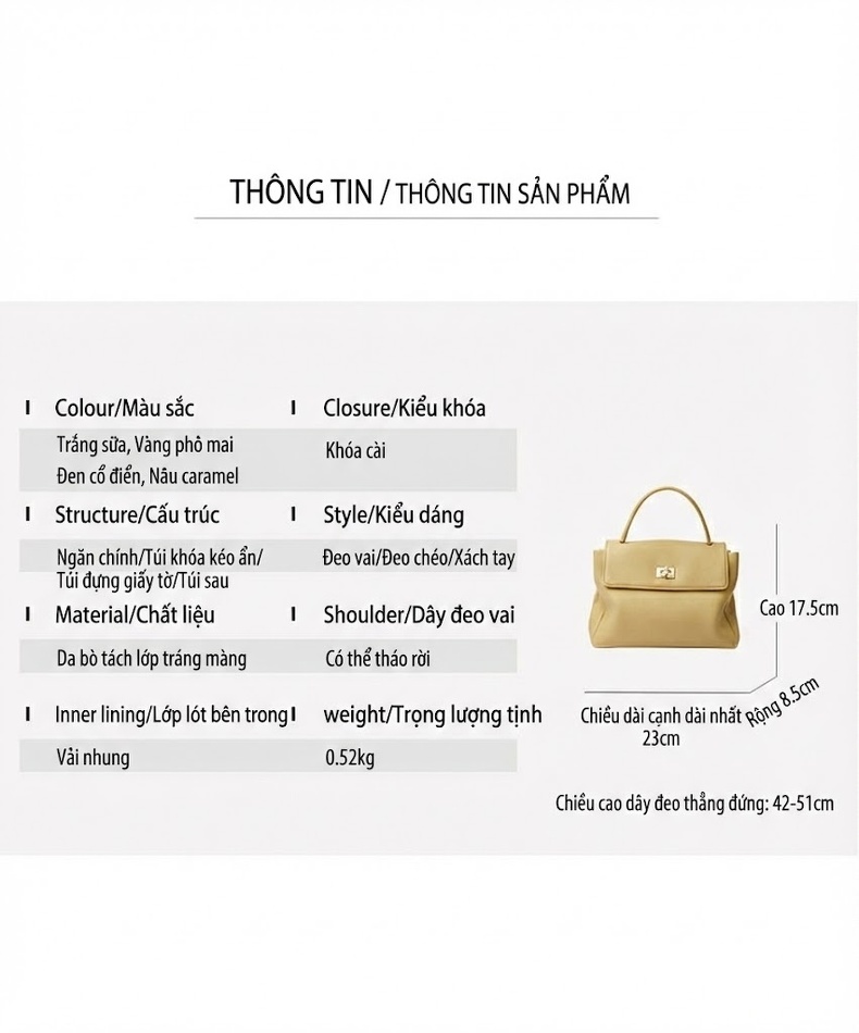 Túi Xách Nữ Da Bò Size Trung Quai Xách Tay Đeo Vai Màu Vàng Kem, Nâu, Trắng... chi tiết 2