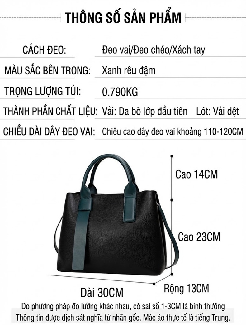 Túi Xách Nữ Da Bò Sức Chứa Lớn Đeo Vai, Xách Tay Màu Đen, Xanh Đen chi tiết 3