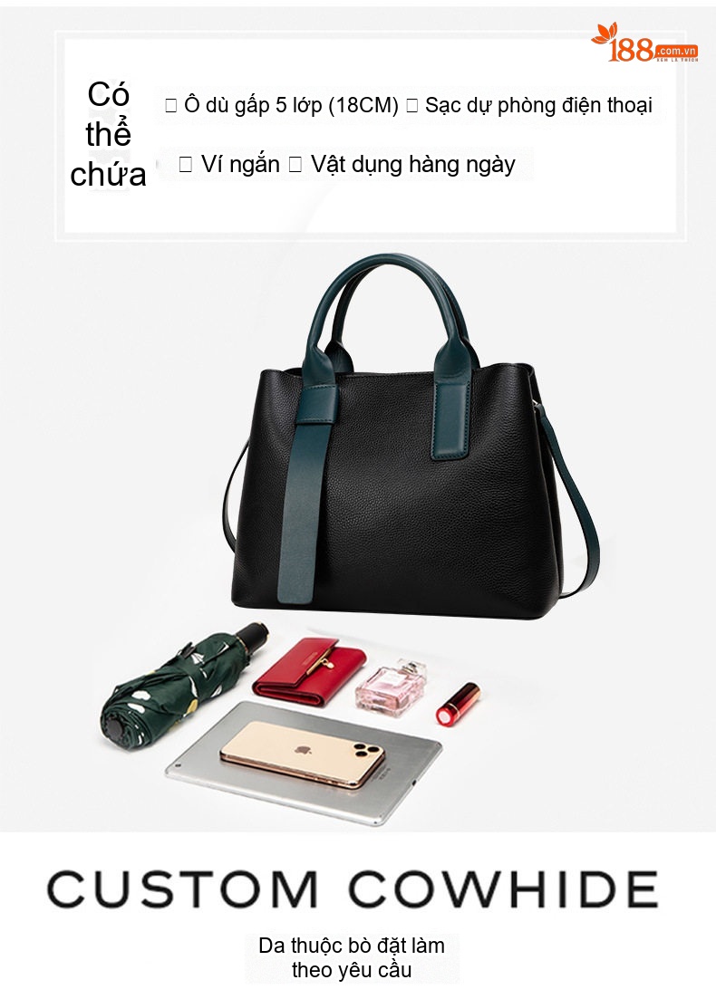 Túi Xách Nữ Da Bò Sức Chứa Lớn Đeo Vai, Xách Tay Màu Đen, Xanh Đen chi tiết 7