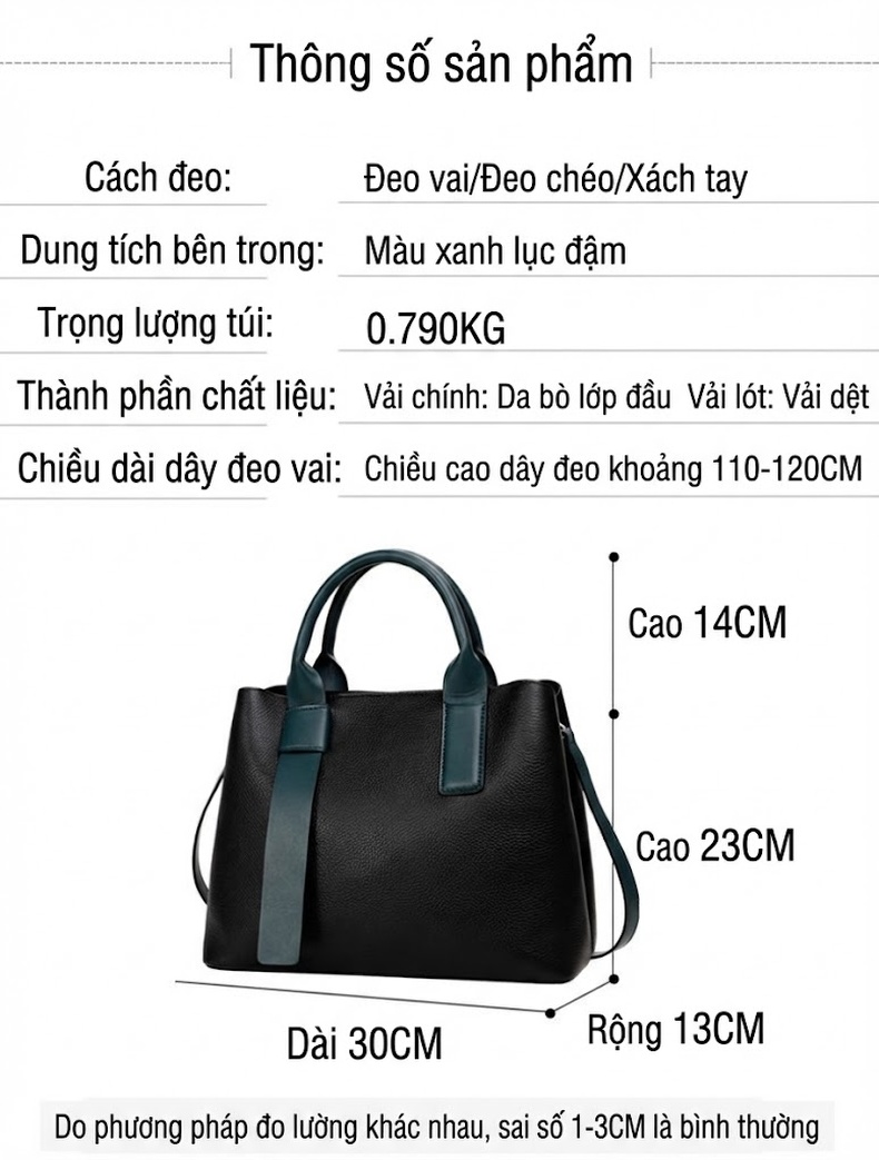 Túi Xách Nữ Da Bò Sức Chứa Lớn Đeo Vai, Xách Tay Màu Đen, Xanh Đen chi tiết 18
