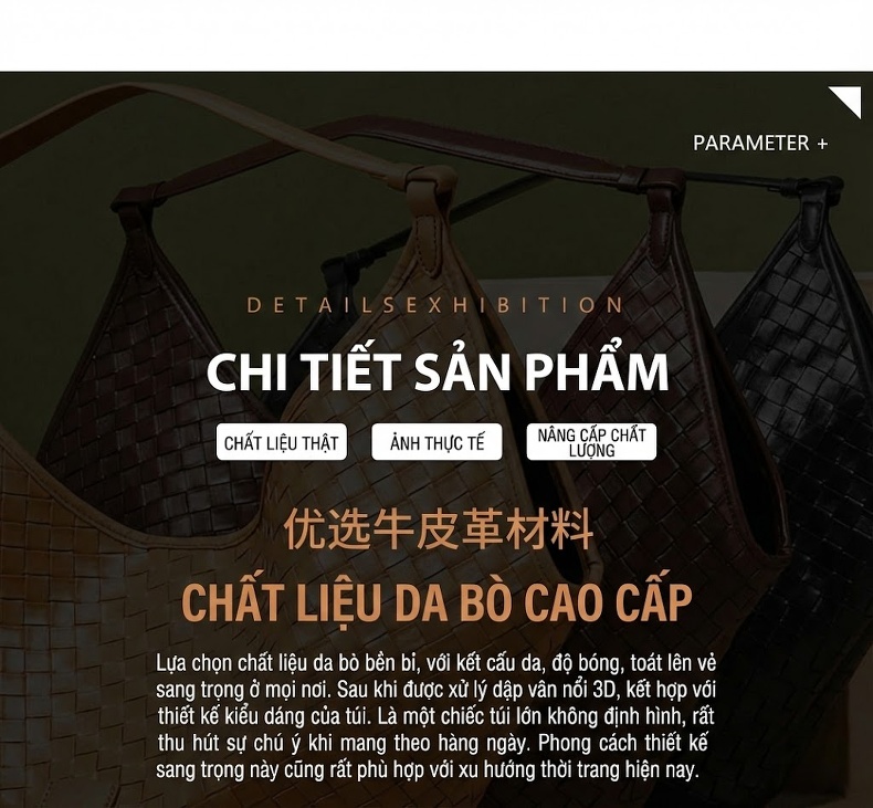 Túi Xách Nữ Da Bò Sức Chứa Lớn Kiểu Đan Dây Thời Trang Đi Làm Màu Đen, Nâu chi tiết 2