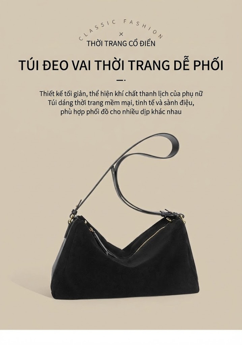 Túi Xách Nữ Da Bò Suede Gối Ô Dáng Tròn Đeo Vai Đeo Chéo Đựng Vừa A4 Màu Đen chi tiết 1