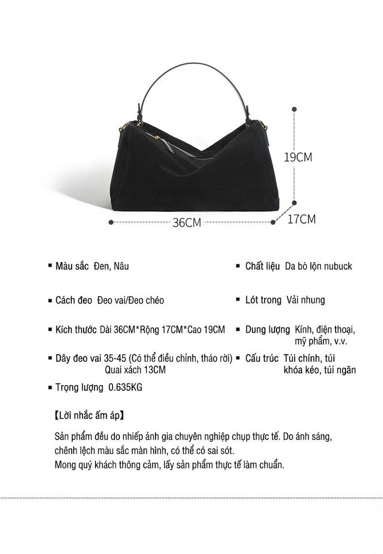 Túi Xách Nữ Da Bò Suede Gối Ô Dáng Tròn Đeo Vai Đeo Chéo Đựng Vừa A4 Màu Đen chi tiết 4