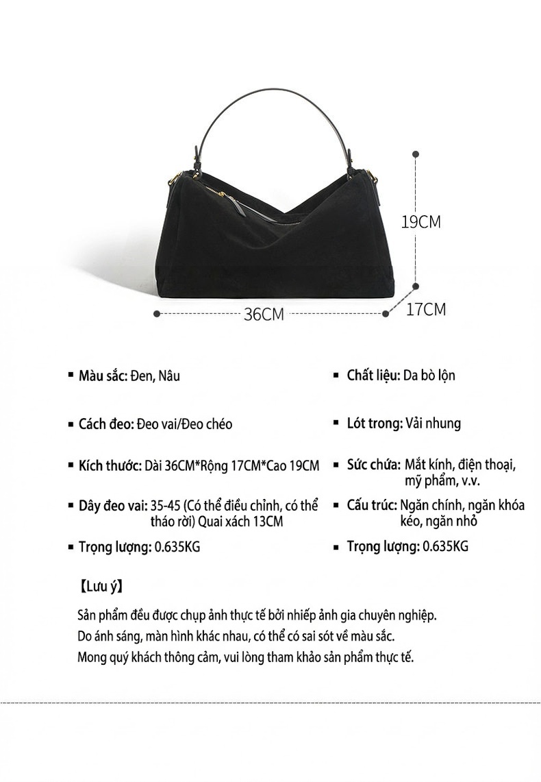 Túi Xách Nữ Da Bò Suede Gối Ô Dáng Tròn Đeo Vai Đeo Chéo Đựng Vừa A4 Màu Đen chi tiết 14