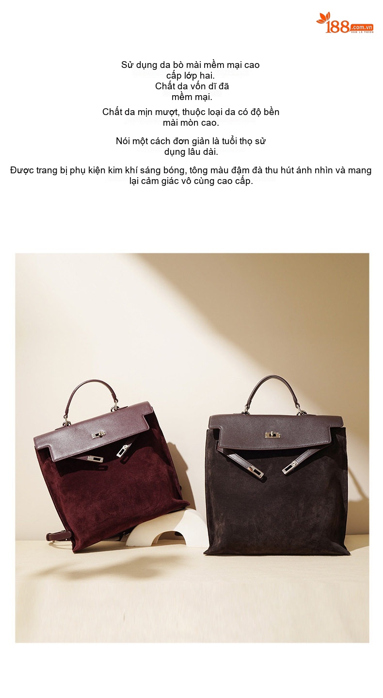 Túi Xách Nữ Da Bò Suede Nỉ Kelly Đeo Vai Đeo Chéo Cỡ Lớn Màu Đỏ Rượu Vang, Nâu, Đen, Vàng chi tiết 3