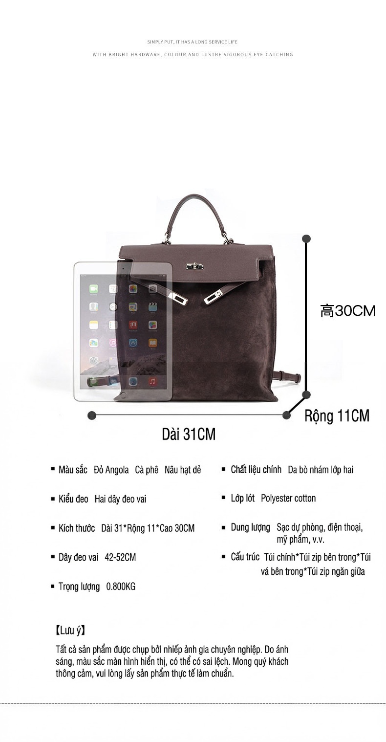 Túi Xách Nữ Da Bò Suede Nỉ Kelly Đeo Vai Đeo Chéo Cỡ Lớn Màu Đỏ Rượu Vang, Nâu, Đen, Vàng chi tiết 7