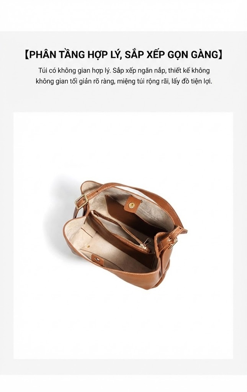 Túi Xách Nữ Da Bò Thật Dáng Bucket Tote Đeo Chéo Đựng Vừa A4 Màu Nâu, Nâu Đậm, Kem... chi tiết 8