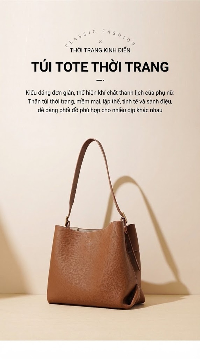 Túi Xách Nữ Da Bò Thật Dáng Bucket Tote Đeo Chéo Đựng Vừa A4 Màu Nâu, Nâu Đậm, Kem... chi tiết 1