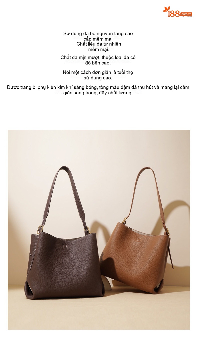 Túi Xách Nữ Da Bò Thật Dáng Bucket Tote Đeo Chéo Đựng Vừa A4 Màu Nâu, Nâu Đậm, Kem... chi tiết 2