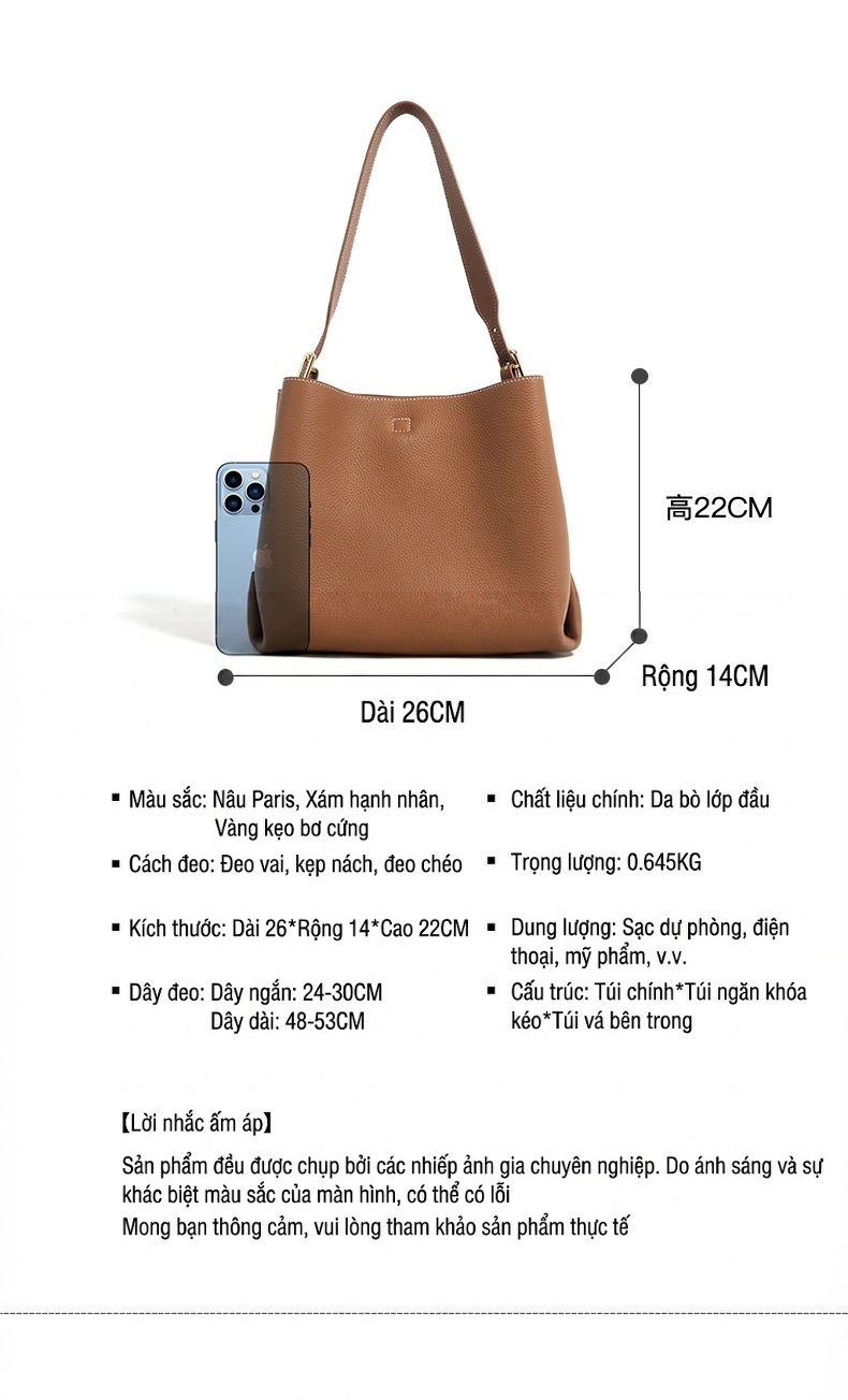 Túi Xách Nữ Da Bò Thật Dáng Bucket Tote Đeo Chéo Đựng Vừa A4 Màu Nâu, Nâu Đậm, Kem... chi tiết 7