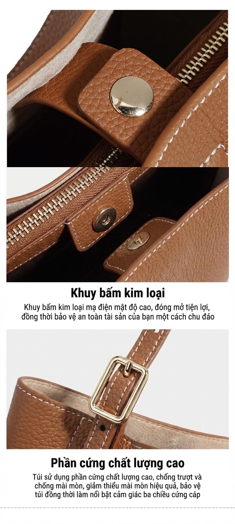 Túi Xách Nữ Da Bò Thật Dáng Bucket Tote Đeo Chéo Đựng Vừa A4 Màu Nâu, Nâu Đậm, Kem... chi tiết 12