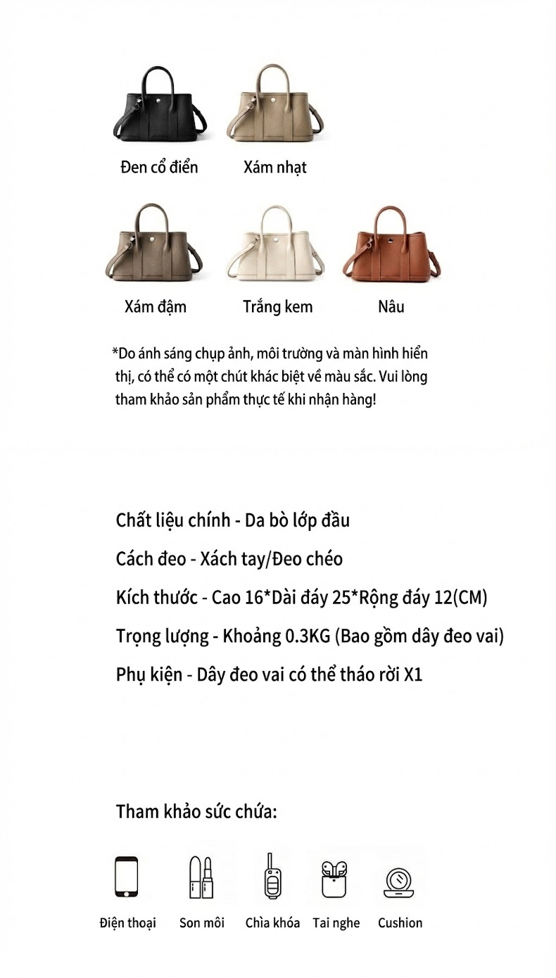 Túi Xách Nữ Da Bò Thật Dáng Túi Hộp Thời Trang Màu Đen, Kem, Nâu chi tiết 2