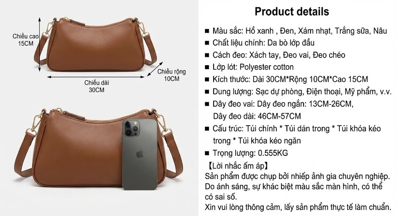 Túi Xách Nữ Da Bò Thật Đeo Vai/Đeo Chéo Thiết Kế Nhỏ Gọn Màu Nâu, Đen chi tiết 7