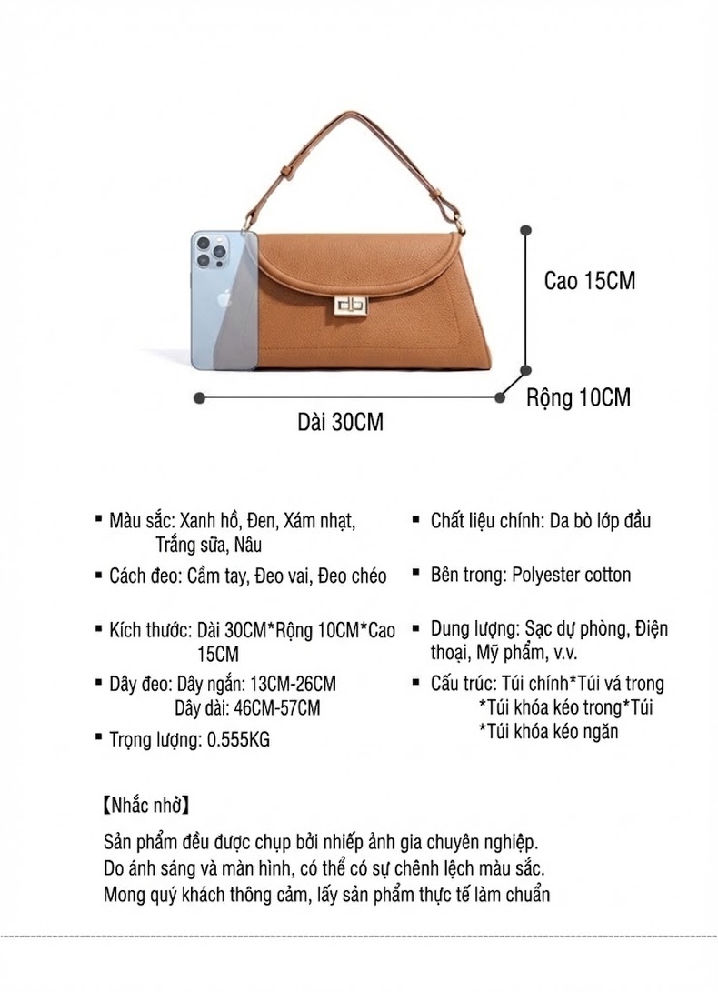 Túi Xách Nữ Da Bò Thật Đeo Vai/Kẹp Nách/Đeo Chéo Nhỏ Gọn Thanh Lịch Màu Đen, Kem, Nâu chi tiết 8