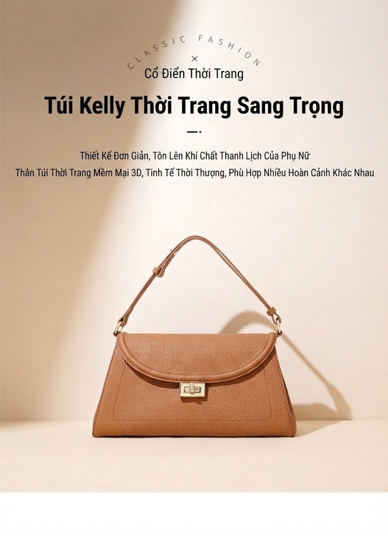 Túi Xách Nữ Da Bò Thật Đeo Vai/Kẹp Nách/Đeo Chéo Nhỏ Gọn Thanh Lịch Màu Đen, Kem, Nâu chi tiết 2
