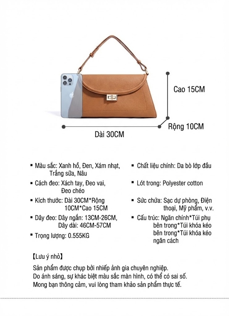 Túi Xách Nữ Da Bò Thật Mini Cầm Tay Đeo Vai Đeo Chéo Cao Cấp Màu Nâu, Xám, Đen chi tiết 7