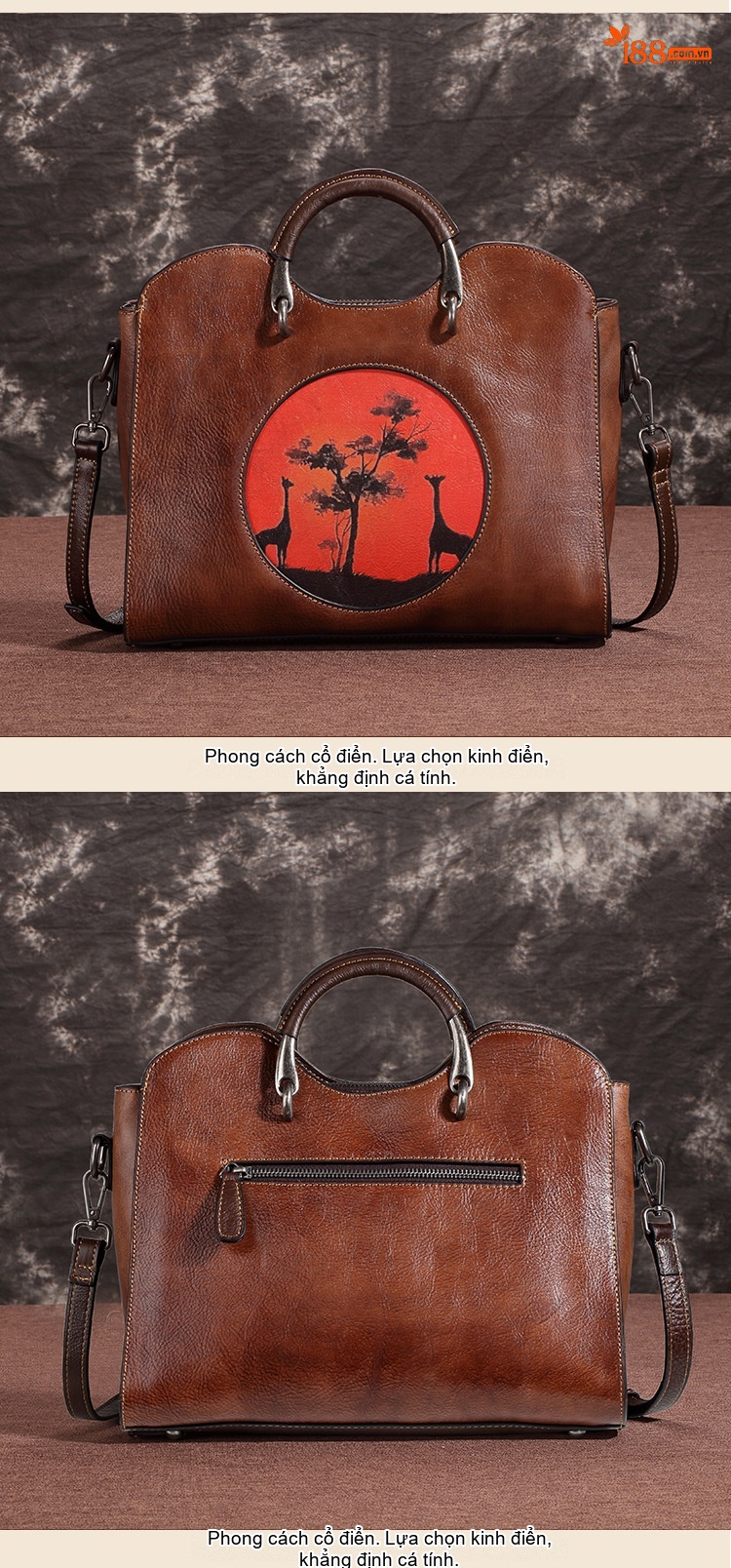 Túi Xách Nữ Da Bò Thật Vintage Họa Tiết Shell Cầm Tay Đeo Vai Màu Nâu chi tiết 4