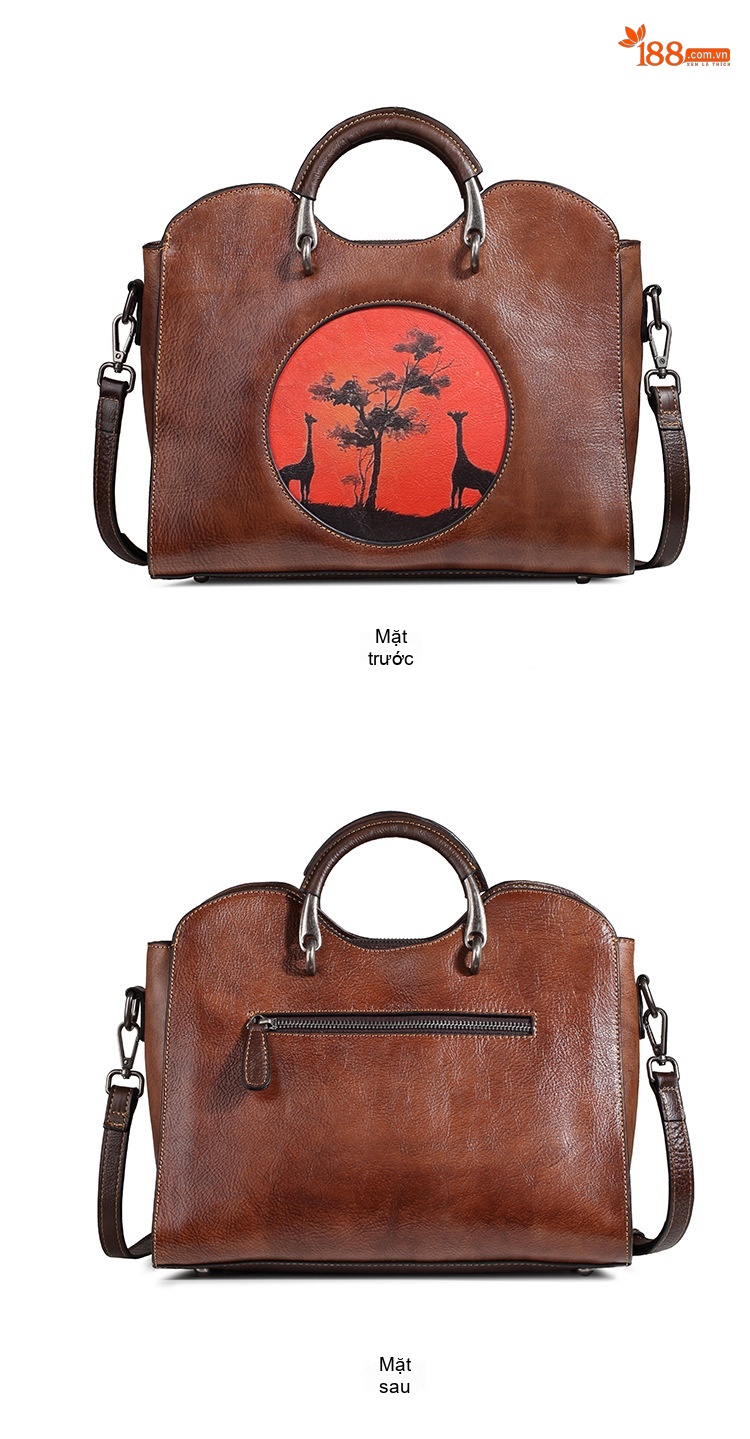 Túi Xách Nữ Da Bò Thật Vintage Họa Tiết Shell Cầm Tay Đeo Vai Màu Nâu chi tiết 6