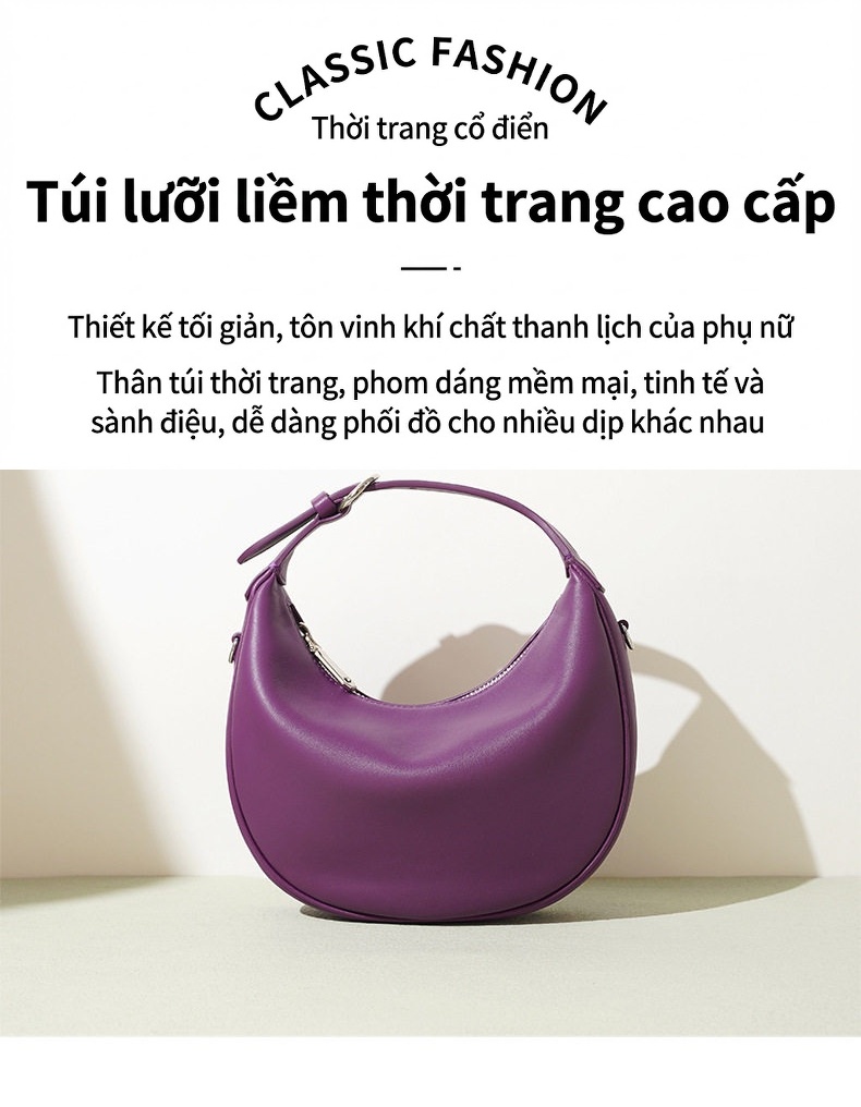 Túi Xách Nữ Da Bò Thiết Kế Bán Nguyệt Cổ Điển Màu Đen, Tím, Xanh chi tiết 1