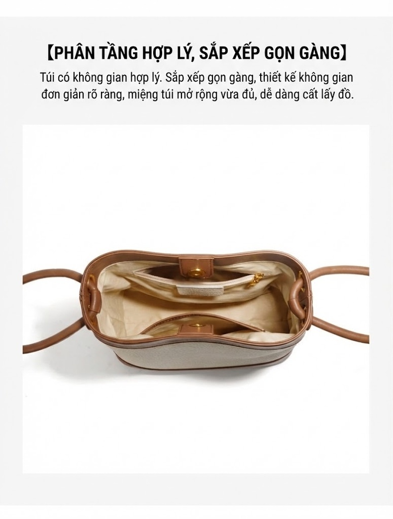 Túi Xách Nữ Da Bò Thiết Kế Độc Đáo Kiểu Túi Bucket Đeo Chéo, Đeo Vai, Xách Tay Màu Be, Nâu chi tiết 5