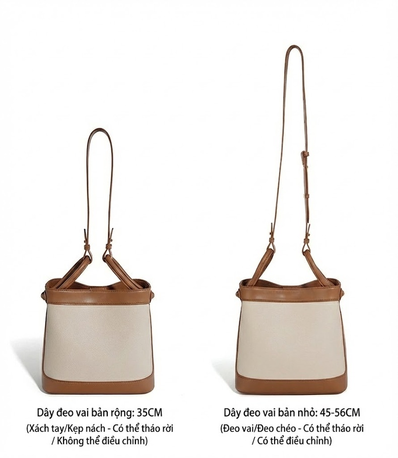 Túi Xách Nữ Da Bò Thiết Kế Độc Đáo Kiểu Túi Bucket Đeo Chéo, Đeo Vai, Xách Tay Màu Be, Nâu chi tiết 6