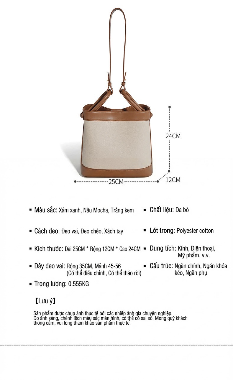 Túi Xách Nữ Da Bò Thiết Kế Độc Đáo Kiểu Túi Bucket Đeo Chéo, Đeo Vai, Xách Tay Màu Be, Nâu chi tiết 4