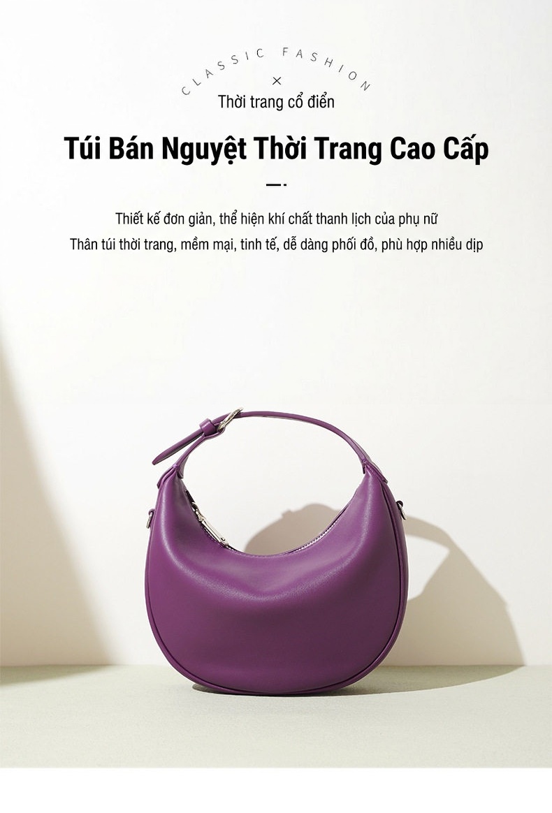 Túi Xách Nữ Da Bò Thiết Kế Tiểu Thư Hàn Quốc Kiểu Trăng Lưỡi Liềm Đeo Vai, Đeo Chéo Màu Tím, Đen chi tiết 2