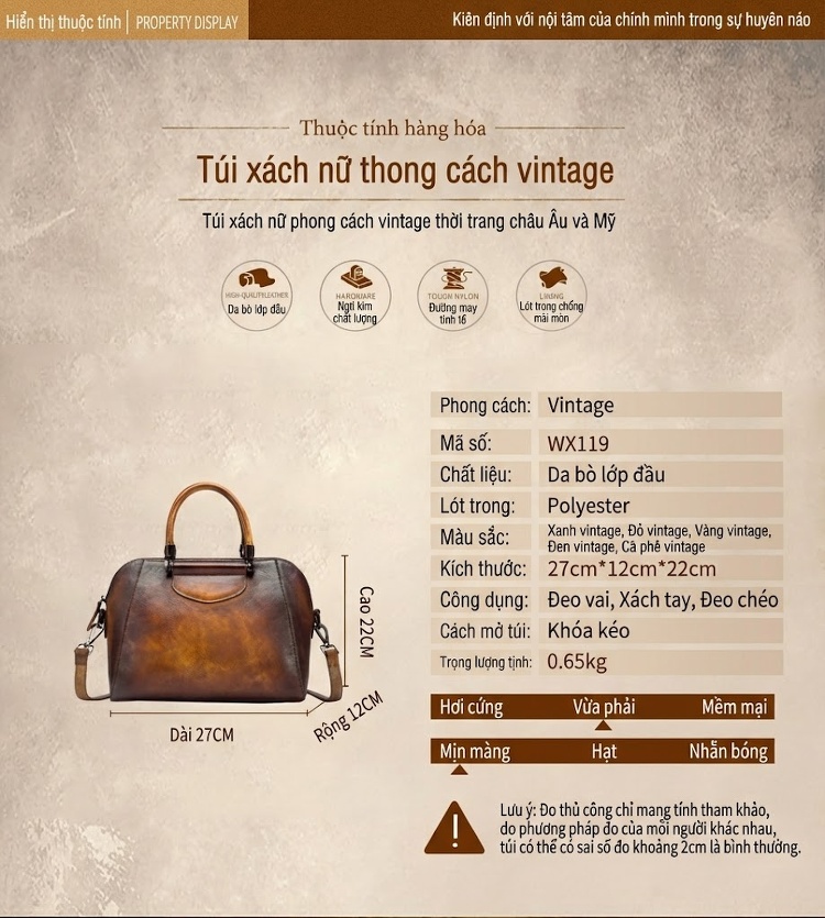Túi Xách Nữ Da Bò Thủ Công Cầm Tay Dáng Gối Màu Nâu, Đen, Xanh Lá, Vàng... chi tiết 17