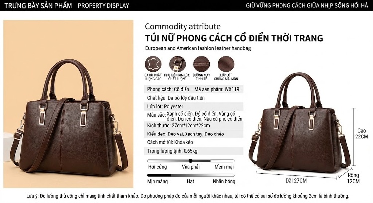 Túi Xách Nữ Da Bò Thủ Công Cầm Tay Dáng Gối Màu Nâu, Đen, Xanh Lá, Vàng... chi tiết 1