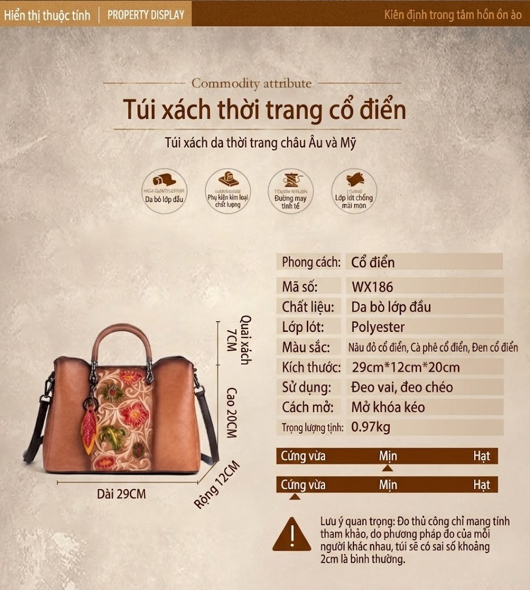 Túi Xách Nữ Da Bò Thủ Công Dập Hoa Vintage Đeo Vai, Đeo Chéo, Xách Tay Màu Nâu, Xám, Nâu Đậm chi tiết 1