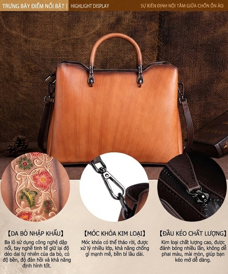 Túi Xách Nữ Da Bò Thủ Công Dập Hoa Vintage Đeo Vai, Đeo Chéo, Xách Tay Màu Nâu, Xám, Nâu Đậm chi tiết 2