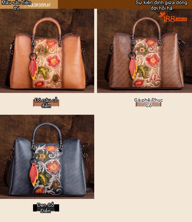 Túi Xách Nữ Da Bò Thủ Công Dập Hoa Vintage Đeo Vai, Đeo Chéo, Xách Tay Màu Nâu, Xám, Nâu Đậm chi tiết 3
