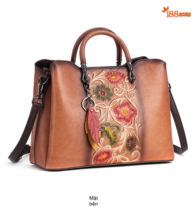 Túi Xách Nữ Da Bò Thủ Công Dập Hoa Vintage Đeo Vai, Đeo Chéo, Xách Tay Màu Nâu, Xám, Nâu Đậm chi tiết 6