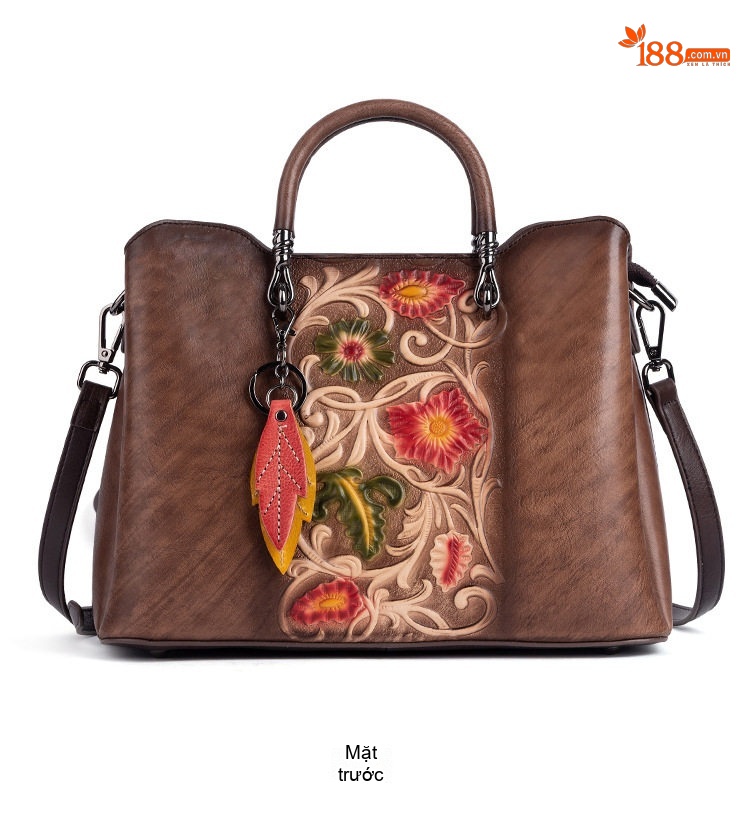 Túi Xách Nữ Da Bò Thủ Công Dập Hoa Vintage Đeo Vai, Đeo Chéo, Xách Tay Màu Nâu, Xám, Nâu Đậm chi tiết 8