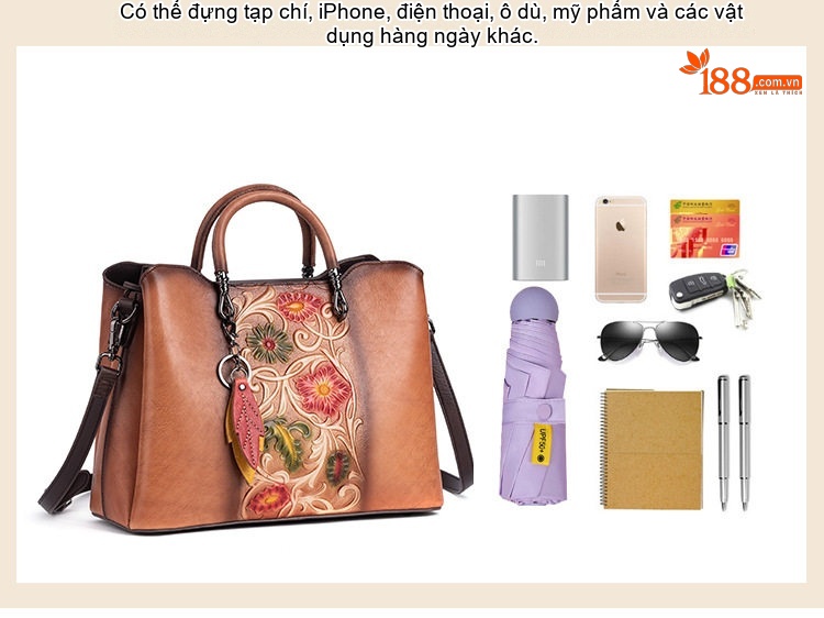Túi Xách Nữ Da Bò Thủ Công Dập Hoa Vintage Đeo Vai, Đeo Chéo, Xách Tay Màu Nâu, Xám, Nâu Đậm chi tiết 13