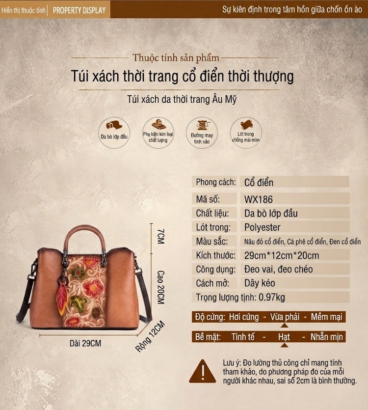 Túi Xách Nữ Da Bò Thủ Công Dập Hoa Vintage Đeo Vai, Đeo Chéo, Xách Tay Màu Nâu, Xám, Nâu Đậm chi tiết 16