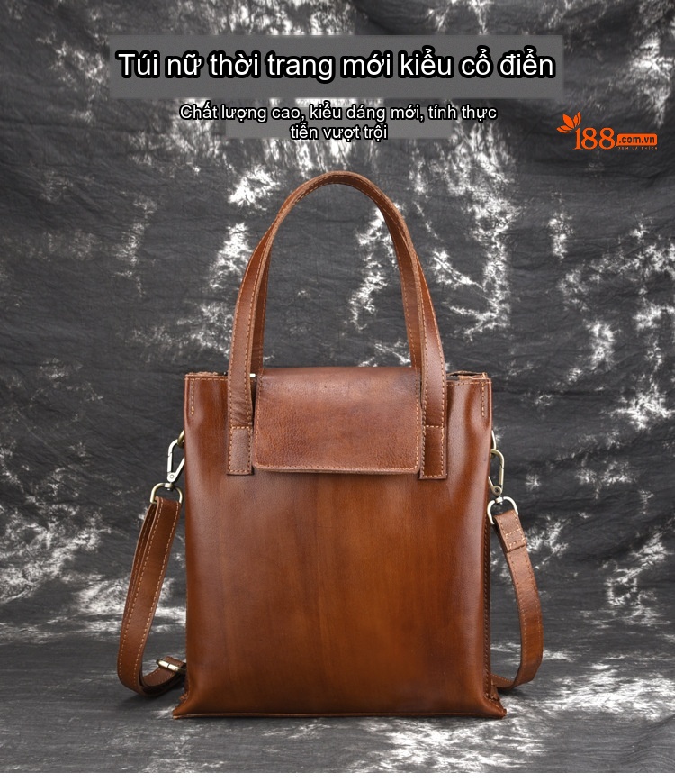 Túi Xách Nữ Da Bò Thủ Công Màu Nâu Vintage Đeo Vai, Xách Tay chi tiết 1